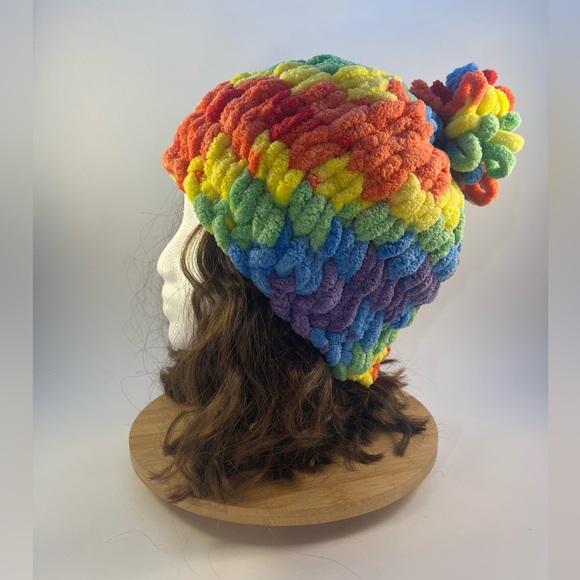 Handmade Women’s/Junior’s Winter Hat With Loopy Pom-Pom - Rainbow - Picture 5 of 9